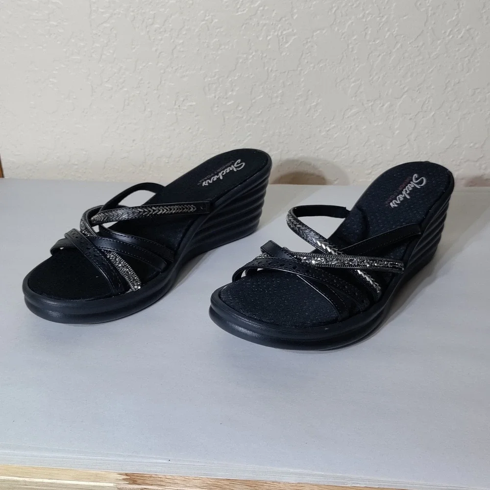 Skechers Cali Rumblers Modern Maze Black Wedge Sandals 31777 Womens 11